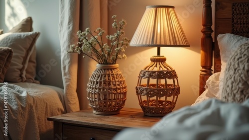 Cozy bedroom scene with wicker lamps and floral arrangement on wooden nightstand