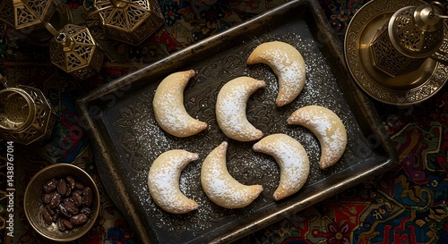 Preparing Moon Shaped Cookies with Powdered Sugar on Decorative Tray