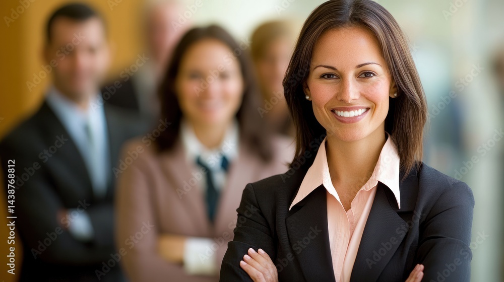 Confident businesswoman leads team, office background, success Confident businesswoman leads team, office background, success
