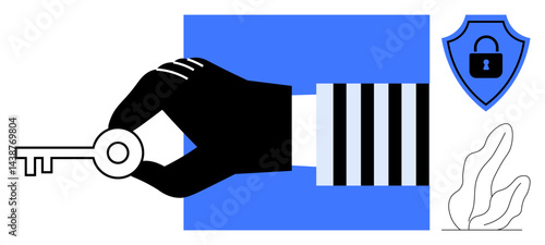 Hand with key suggesting access, lock shield for security, minimalist plants. Ideal for security, authentication, protection, privacy, technology access, safety measures simple landing page
