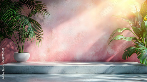 Tropical leaf shadow blank soft pink background composition for product presentation. The background is pink and beige. Shadows of the plants cast on the wall. Nude Studio Minimal showcase