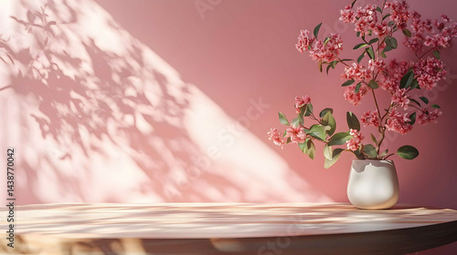 Tropical leaf shadow blank soft pink background composition for product presentation. The background is pink and beige. Shadows of the plants cast on the wall. Nude Studio Minimal showcase