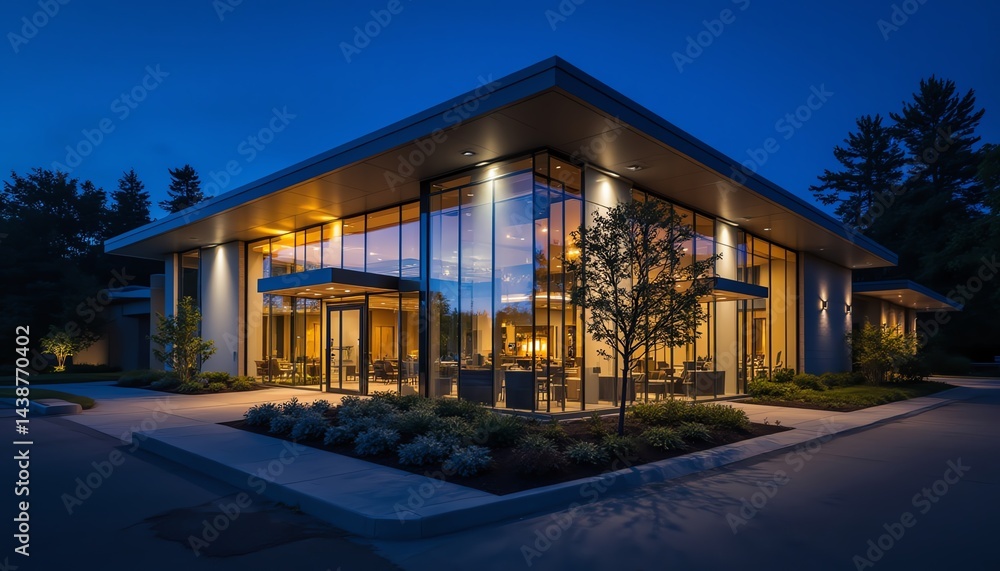 Modern building illuminated at night exterior view. Modern building illuminated at night exterior view.