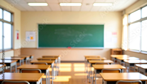 Japanese school classroom blurred background, bokeh effect, soft light