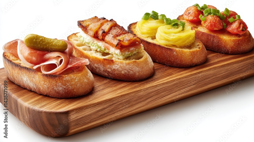Variety of toasted bread slices each with unique topping combinations served on wooden board for gourmet appetizer presentation under neutral lighting Variety of toasted bread slices each with unique topping combinations served on wooden board for gourmet appetizer presentation under neutral lighting