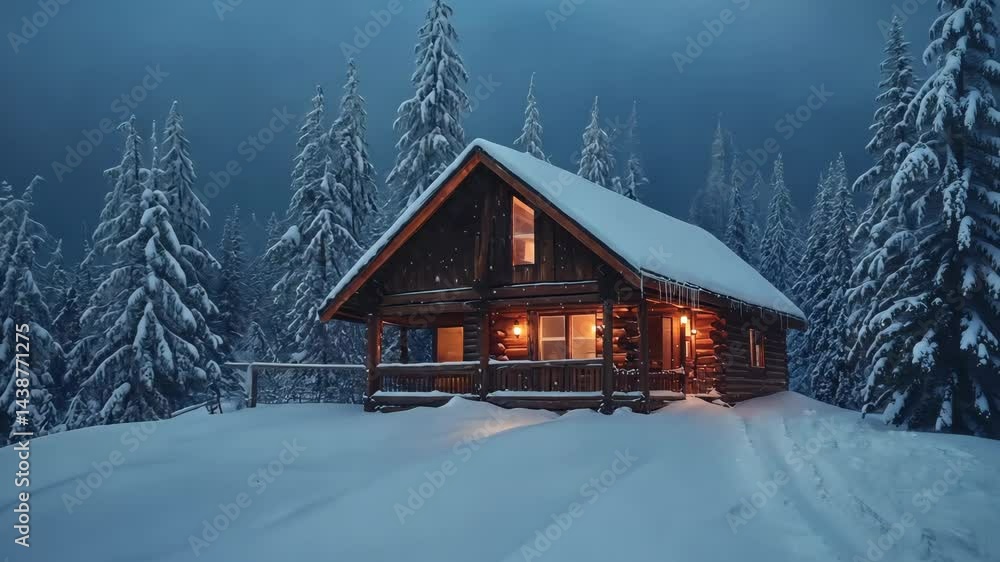 Cozy cabin escape in snowy forest: tranquil winter evening with warm glow Cozy cabin escape in snowy forest: tranquil winter evening with warm glow
