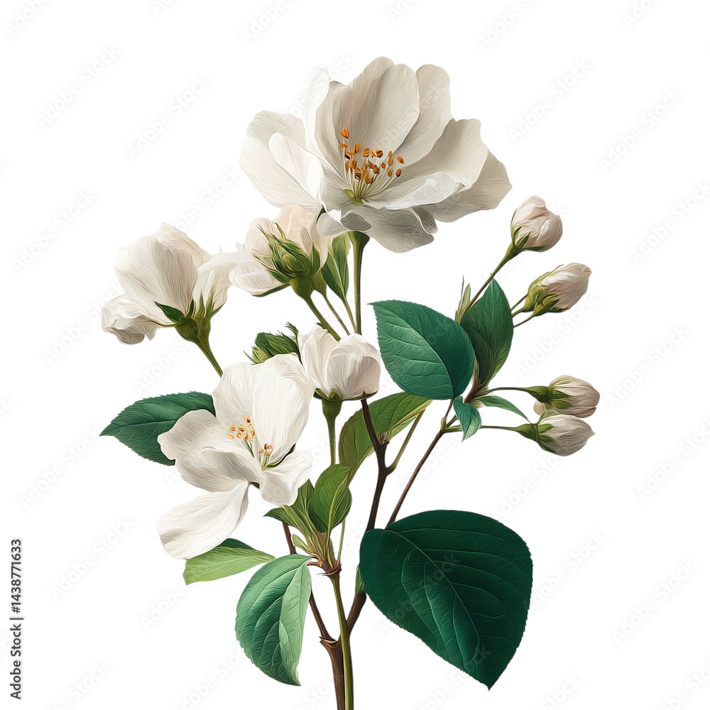 Fototapeta premium Botanical illustration of white flowers with green leaves in elegant composition, clear background --v 7.0