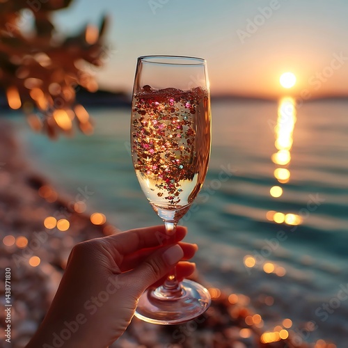 Realistic Image of Sparkling Wine Glass by Sea for Ferragosto Night Poster