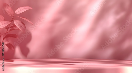 Pink podiums 3d background with podium. Pink room with a shelf and a window with sunlight streaming through. The sunlight casts shadows on the wall and floor, creating a warm and inviting atmosphere.