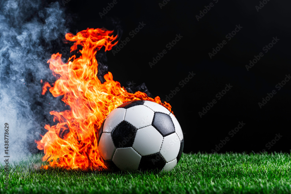 Fototapeta premium Fiery football in sports arena lighting