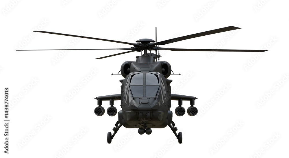 Fototapeta premium High-resolution 3D render of a modern black military helicopter, centered on a white background