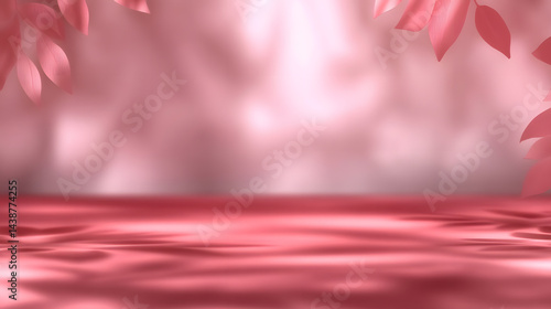 Pink podiums 3d background with podium. Pink room with a shelf and a window with sunlight streaming through. The sunlight casts shadows on the wall and floor, creating a warm and inviting atmosphere.