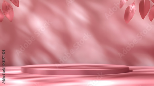 Pink podiums 3d background with podium. Pink room with a shelf and a window with sunlight streaming through. The sunlight casts shadows on the wall and floor, creating a warm and inviting atmosphere.
