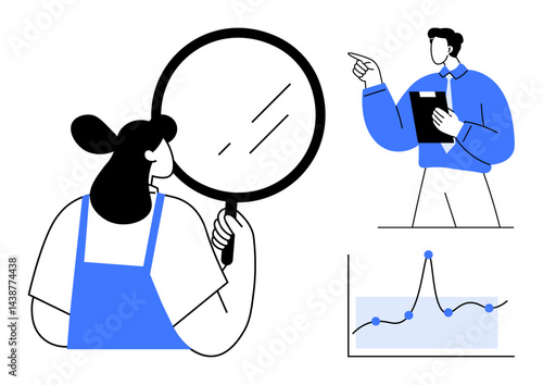 Woman peers through magnifying glass, man with clipboard presents growth analysis from graph. Ideal for research, data analysis, education, teamwork, investigation, strategy problem-solving. Flat