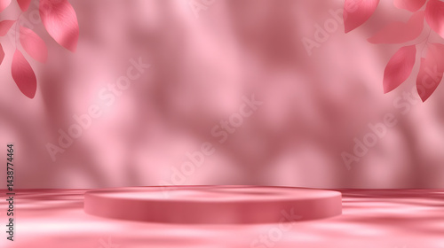 Pink podiums 3d background with podium. Pink room with a shelf and a window with sunlight streaming through. The sunlight casts shadows on the wall and floor, creating a warm and inviting atmosphere.