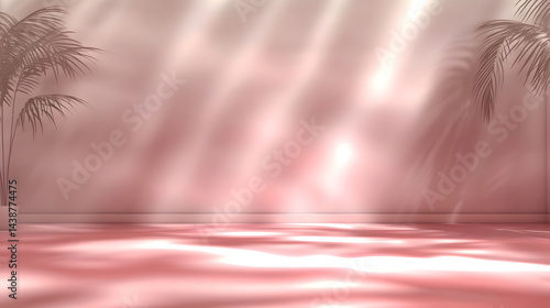Pink podiums 3d background with podium. Pink room with a shelf and a window with sunlight streaming through. The sunlight casts shadows on the wall and floor, creating a warm and inviting atmosphere.