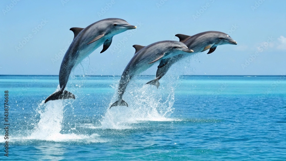 Fototapeta premium Dolphin acrobats: three dolphins leaping from the ocean. 