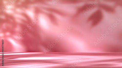 Pink podiums 3d background with podium. Pink room with a shelf and a window with sunlight streaming through. The sunlight casts shadows on the wall and floor, creating a warm and inviting atmosphere.