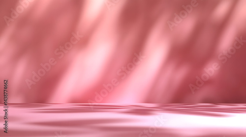 Pink podiums 3d background with podium. Pink room with a shelf and a window with sunlight streaming through. The sunlight casts shadows on the wall and floor, creating a warm and inviting atmosphere.