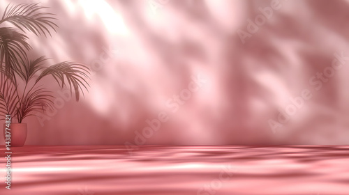 Pink podiums 3d background with podium. Pink room with a shelf and a window with sunlight streaming through. The sunlight casts shadows on the wall and floor, creating a warm and inviting atmosphere.