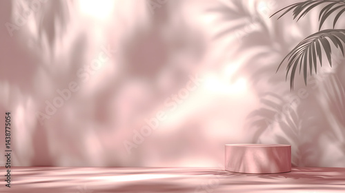 Pink podiums 3d background with podium. Pink room with a shelf and a window with sunlight streaming through. The sunlight casts shadows on the wall and floor, creating a warm and inviting atmosphere.