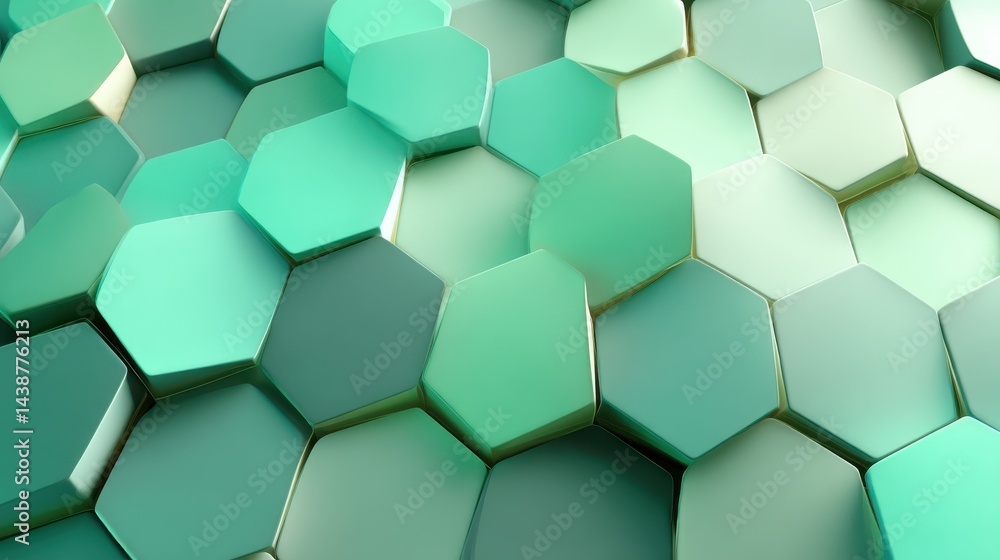 Captivating abstract 3D hexagon pattern illuminated by soft green and teal lighting, designed for a futuristic and minimal aesthetic in ultra high definition Captivating abstract 3D hexagon pattern illuminated by soft green and teal lighting, designed for a futuristic and minimal aesthetic in ultra high definition