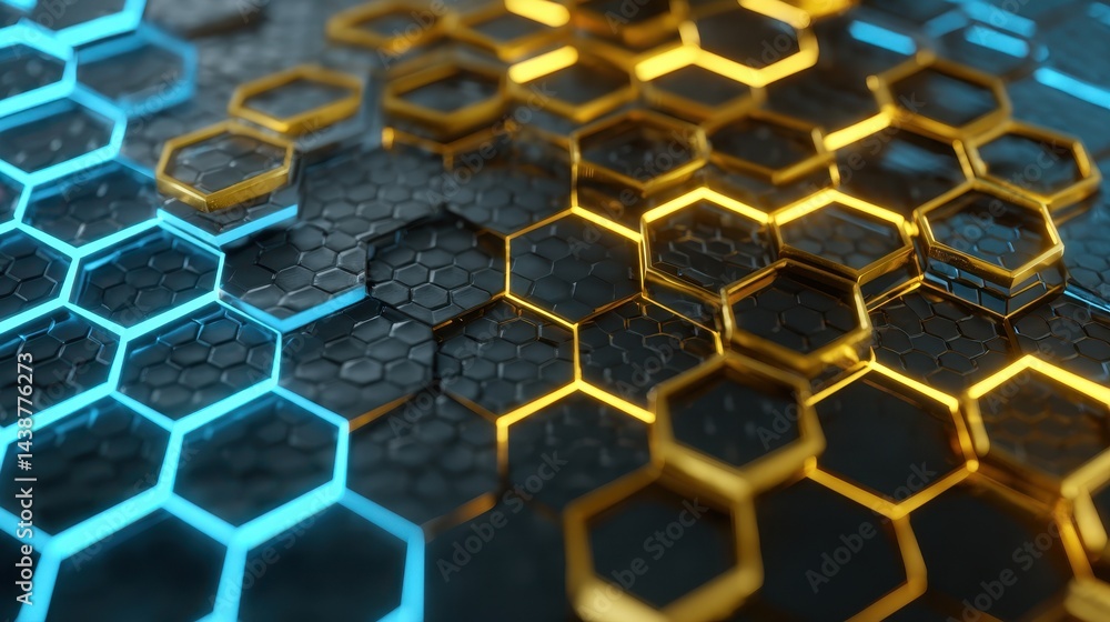 Intricate 3D hexagon pattern showcasing radiant golden and sky blue lights, creating a mesmerizing tech-inspired visual spectacle Intricate 3D hexagon pattern showcasing radiant golden and sky blue lights, creating a mesmerizing tech-inspired visual spectacle