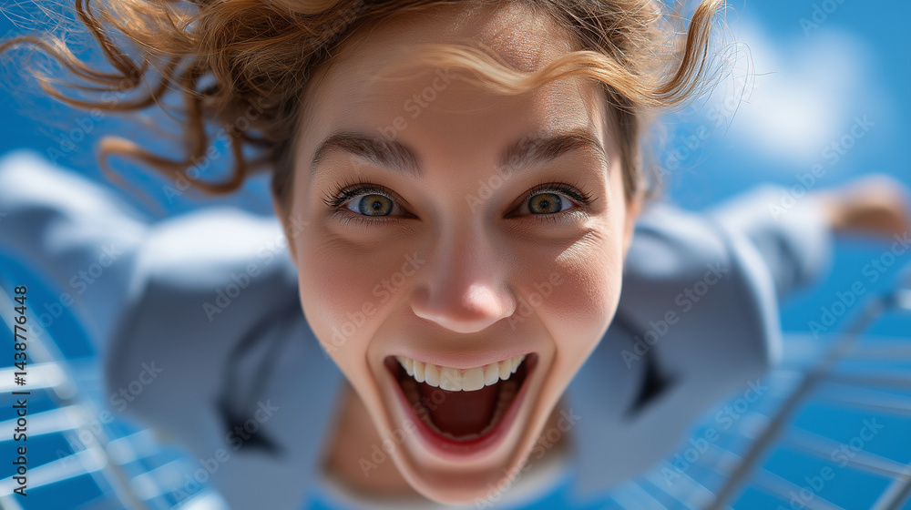 Frau mit fliegenden Haaren und glücklichem Gesichtsausdruck vor blauem Himmel