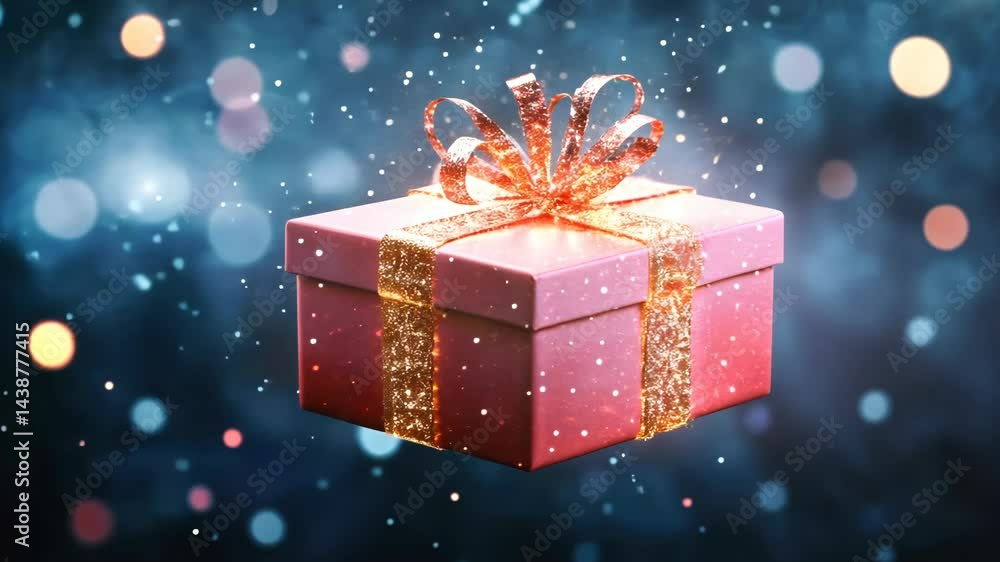Glowing gift box in falling sparkles with light bokeh in holiday atmosphere Glowing gift box in falling sparkles with light bokeh in holiday atmosphere