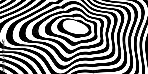 Abstract hypnotic spinning lines background. Black and white tunnel wallpaper. Psychedelic twisted stripes pattern. Rotating spiral knot template for poster, banner, cover. Vector optical illusion
