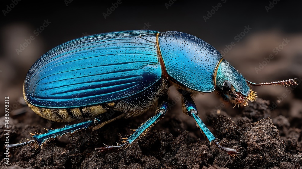 Naklejka premium Vibrant blue beetle on dark soil