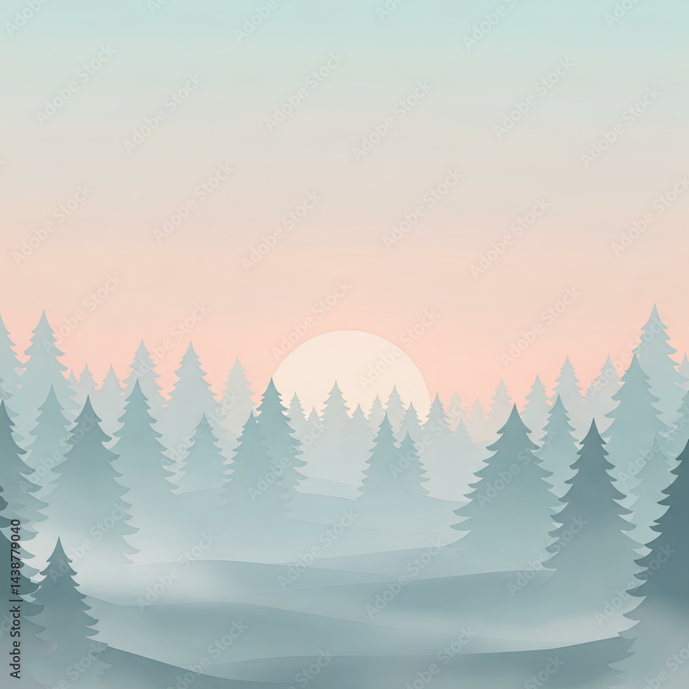 Fototapeta premium Serene Sunrise over Misty Pine Forest Winter Landscape Pastel Colors Nature Scenery