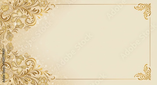 Elegant Gold Floral Frame: Perfect for Wedding Invitations and Greeting Cards. Beige and Gold Design
