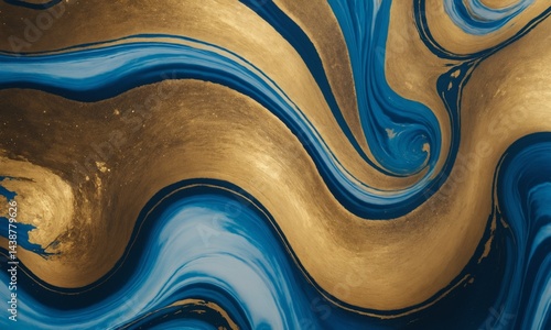 금색 색조와 미묘한 마블링이 있는 흐르는 푸른 잉크의 추상적인 매크로 사진
