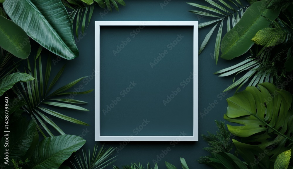 Empty frame surrounded by lush tropical foliage Empty frame surrounded by lush tropical foliage