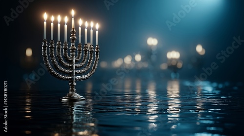 Menorah with Candles on Water Surface in the Night