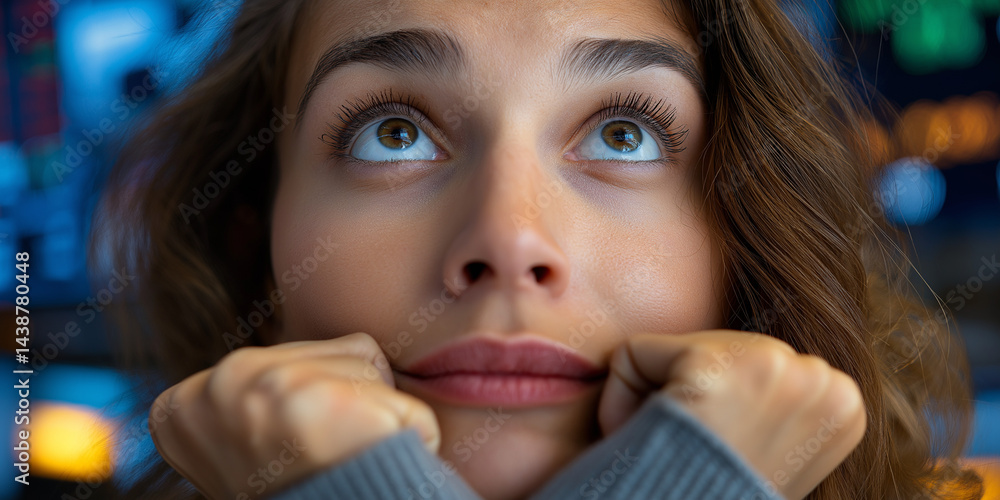 Junge Frau mit blauen Augen zieht Grimasse und drückt Wangen zusammen