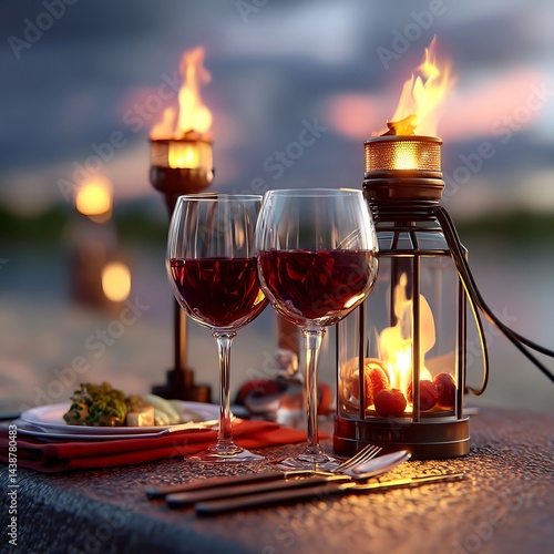 Realistic Image of Wine Glasses and Candlelight for Ferragosto Romantic Poster