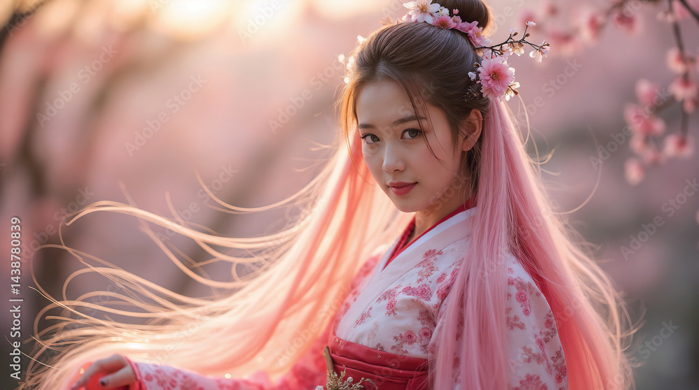 Fototapeta premium super hyper realistic photo of asian woman in Japanese costume with long pink hair with blooming sakura, swirly bokeh, middle shoot