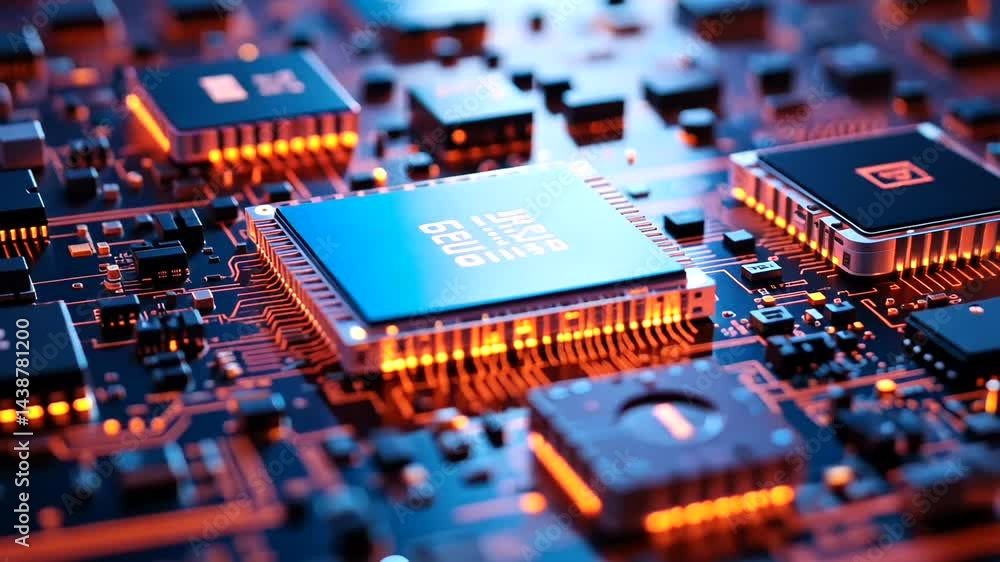 Close-up view of a vibrant circuit board showcasing intricate components and glowing elements Close-up view of a vibrant circuit board showcasing intricate components and glowing elements
