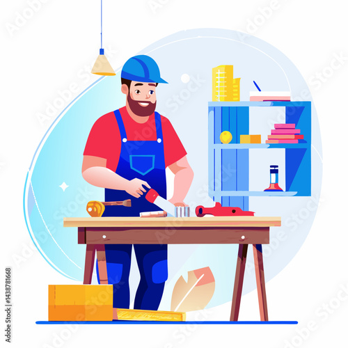 A carpenter works in a workshop. Cartoon vector illustration on white background.