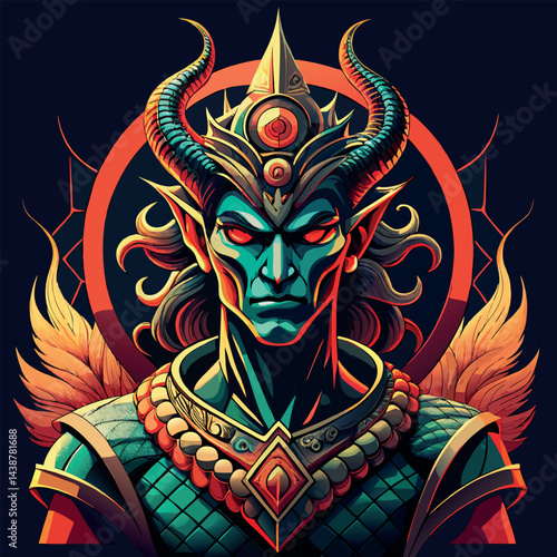 Intricate fantasy character design featuring a blue-skinned demon with ornamental details and fiery backdrop Generative AI