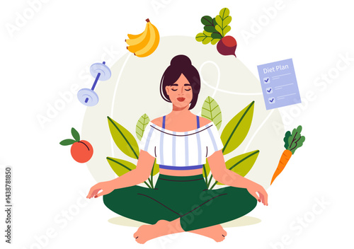 Eco diet plan. Woman sitting in lotus position near vegetables, plan and dumbbell. Active lifestyle and sport. Fitness and training, workout. Healthy nutrition. Flat vector illustration