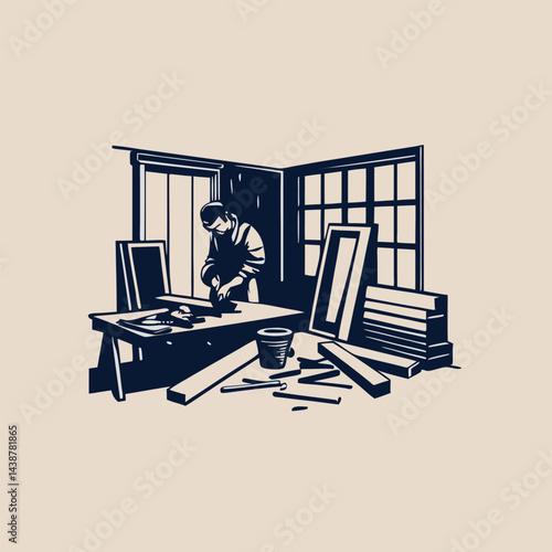 A carpenter works in a workshop engraved vintage image. Vector illustration.