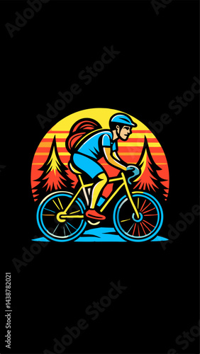 Hand drawn a person rides a bicycle through the park colorful image. Vintage style. Vector illustration.