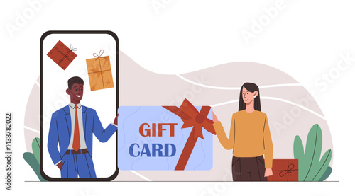 Man gives gift card. Young guy on smartphone screen gives girl bonus card. Coupon and certificate. Discounts and sales. Marketing and advertising, promotion. Flat vector illustration
