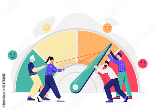 People with mood gauge meter. Men and woman push feelings indicator. Anxiety and stress, mental burnout. Tired people with emotions meter. Flat vector illustration