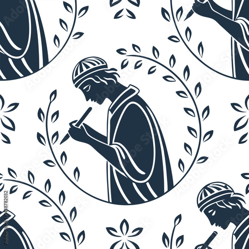 Design featuring a classical figure playing an instrument surrounded by a leaf pattern in a harmonious arrangement Generative AI