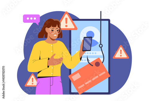 Woman suffer from hacker attack. Young girl with smartphone near bank card on hook. Scammer and hacker steals personal data, cybercrime. Flat vector illustration