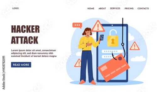 Hacker attack landing page. Young girl with smartphone near bank card on hook. Scammer and hacker steals personal data, cybercrime. Poster or banner for website. Flat vector illustration